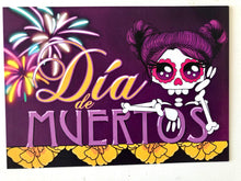 Load image into Gallery viewer, Postal card La Catrina Bohemia, día de muertos and fireworks
