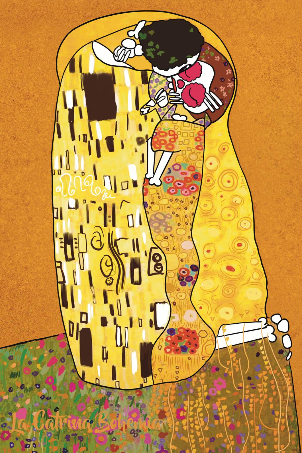 Der Kuss Klimt Printed board  masterpiece reinterpretation version La Catrina Bohemia